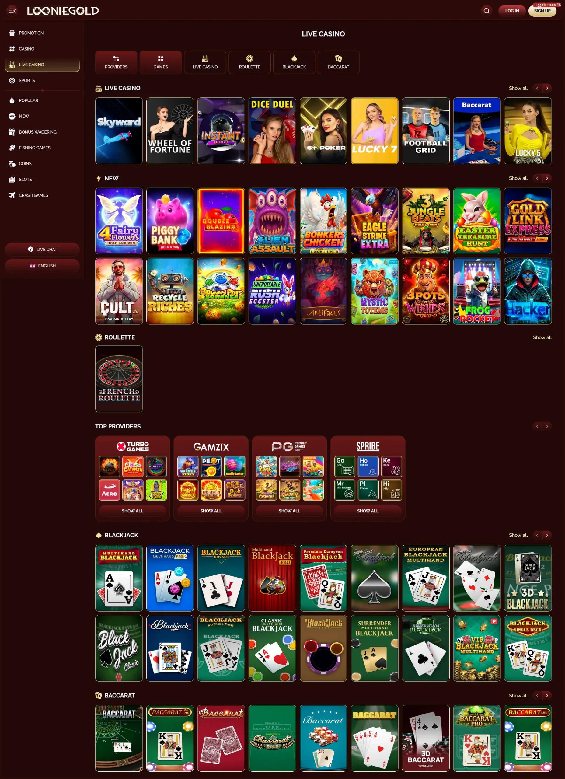 LoonieGold Casino live casino game overview showing all available tables and dealers for players