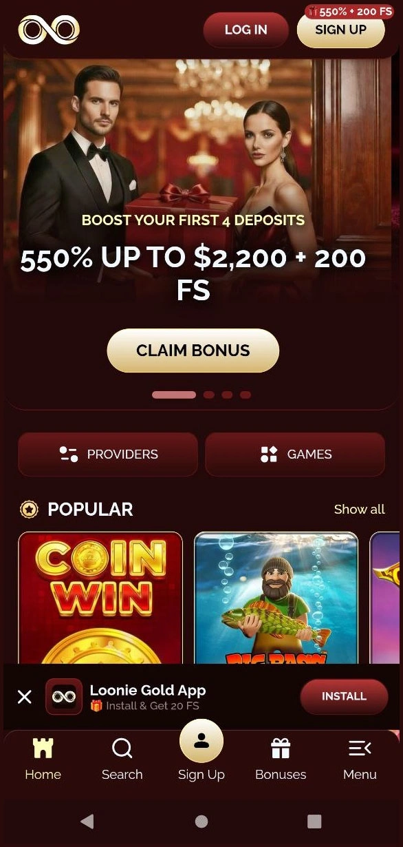 Optimised mobile version of the LoonieGoldCasinowebsite